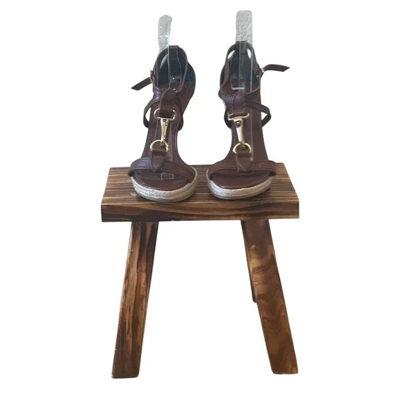 Burberry Brown Leather T-Strap Espadrille Wedge Sandals Size 36 - Picture 2 of 9